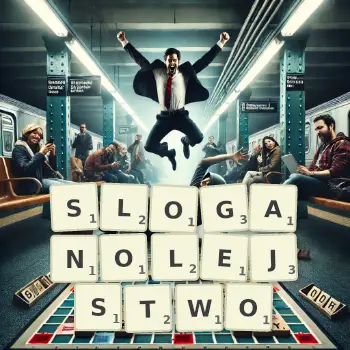 Kreatywna ilustracja do gry w Scrabble ze słowem SLOGANOLEJSTWO ułożonym z płytek na planszy.