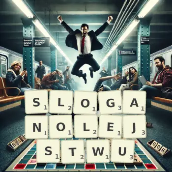 Kreatywna ilustracja do gry w Scrabble ze słowem SLOGANOLEJSTWU ułożonym z płytek na planszy.