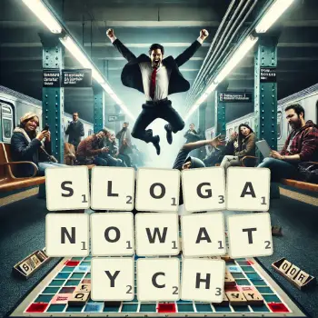 Kreatywna ilustracja do gry w Scrabble ze słowem SLOGANOWATYCH ułożonym z płytek na planszy.
