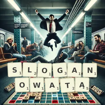 Kreatywna ilustracja do gry w Scrabble ze słowem SLOGANOWATĄ ułożonym z płytek na planszy.