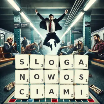 Kreatywna ilustracja do gry w Scrabble ze słowem SLOGANOWOSCIAMI ułożonym z płytek na planszy.