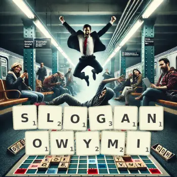 Kreatywna ilustracja do gry w Scrabble ze słowem SLOGANOWYMI ułożonym z płytek na planszy.