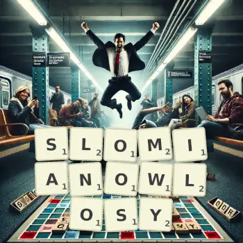 Kreatywna ilustracja do gry w Scrabble ze słowem SLOMIANOWLOSY ułożonym z płytek na planszy.