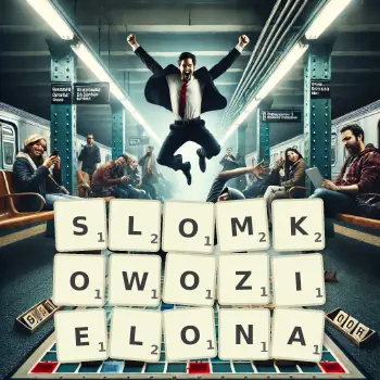 Kreatywna ilustracja do gry w Scrabble ze słowem SLOMKOWOZIELONA ułożonym z płytek na planszy.