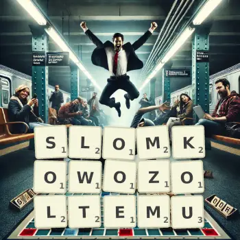 Kreatywna ilustracja do gry w Scrabble ze słowem SLOMKOWOZOLTEMU ułożonym z płytek na planszy.