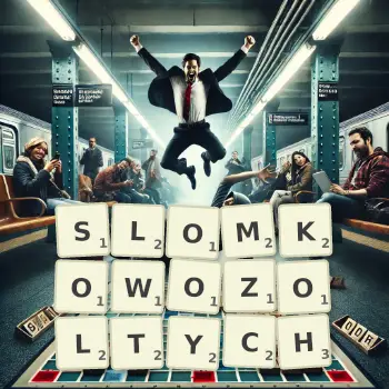 Kreatywna ilustracja do gry w Scrabble ze słowem SLOMKOWOZOLTYCH ułożonym z płytek na planszy.