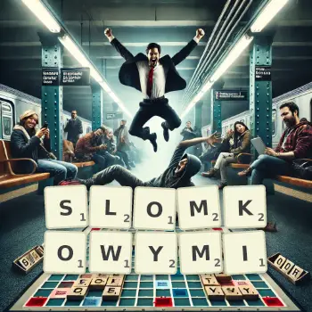 Kreatywna ilustracja do gry w Scrabble ze słowem SLOMKOWYMI ułożonym z płytek na planszy.