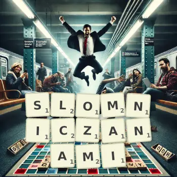 Kreatywna ilustracja do gry w Scrabble ze słowem SLOMNICZANAMI ułożonym z płytek na planszy.