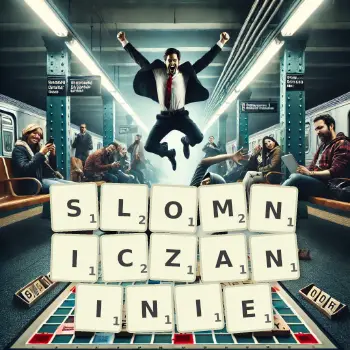Kreatywna ilustracja do gry w Scrabble ze słowem SLOMNICZANINIE ułożonym z płytek na planszy.