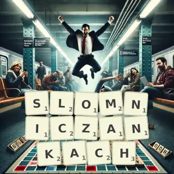 Kreatywna ilustracja do gry w Scrabble ze słowem SLOMNICZANKACH ułożonym z płytek na planszy.