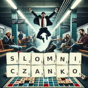 Kreatywna ilustracja do gry w Scrabble ze słowem SLOMNICZANKO ułożonym z płytek na planszy.
