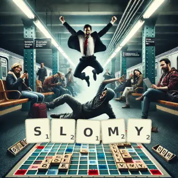 Kreatywna ilustracja do gry w Scrabble ze słowem SLOMY ułożonym z płytek na planszy.