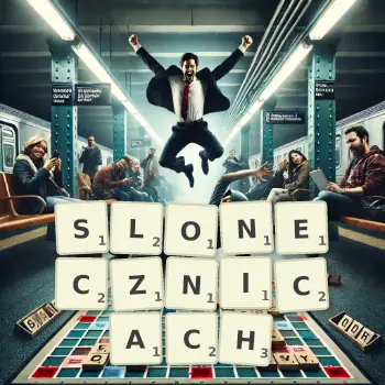 Kreatywna ilustracja do gry w Scrabble ze słowem SLONECZNICACH ułożonym z płytek na planszy.