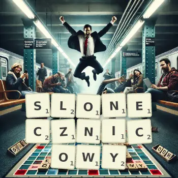 Kreatywna ilustracja do gry w Scrabble ze słowem SLONECZNICOWY ułożonym z płytek na planszy.