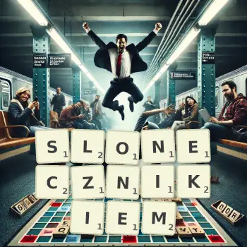 Kreatywna ilustracja do gry w Scrabble ze słowem SLONECZNIKIEM ułożonym z płytek na planszy.