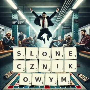 Kreatywna ilustracja do gry w Scrabble ze słowem SLONECZNIKOWYM ułożonym z płytek na planszy.