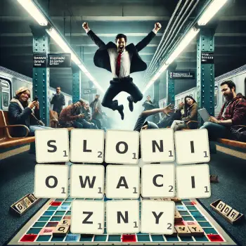 Kreatywna ilustracja do gry w Scrabble ze słowem SLONIOWACIZNY ułożonym z płytek na planszy.