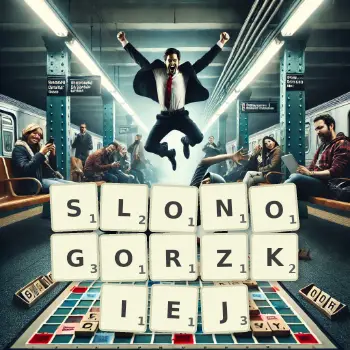 Kreatywna ilustracja do gry w Scrabble ze słowem SLONOGORZKIEJ ułożonym z płytek na planszy.