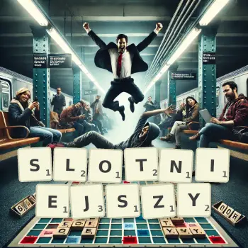 Kreatywna ilustracja do gry w Scrabble ze słowem SLOTNIEJSZY ułożonym z płytek na planszy.