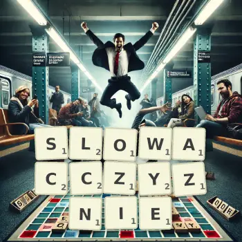 Kreatywna ilustracja do gry w Scrabble ze słowem SLOWACCZYZNIE ułożonym z płytek na planszy.