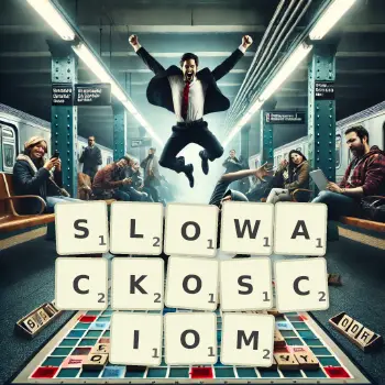 Kreatywna ilustracja do gry w Scrabble ze słowem SLOWACKOSCIOM ułożonym z płytek na planszy.