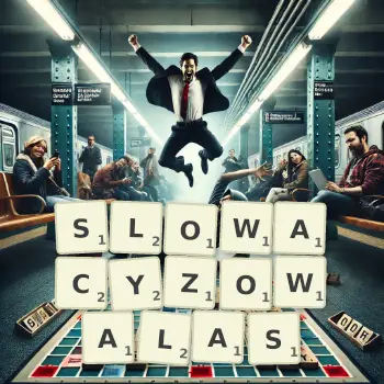Kreatywna ilustracja do gry w Scrabble ze słowem SLOWACYZOWALAS ułożonym z płytek na planszy.