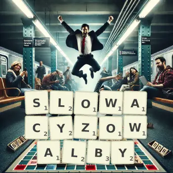Kreatywna ilustracja do gry w Scrabble ze słowem SLOWACYZOWALBY ułożonym z płytek na planszy.