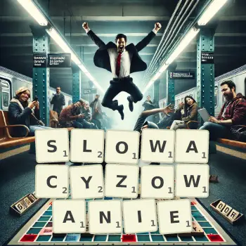 Kreatywna ilustracja do gry w Scrabble ze słowem SLOWACYZOWANIE ułożonym z płytek na planszy.