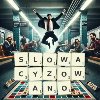 Kreatywna ilustracja do gry w Scrabble ze słowem SLOWACYZOWANO ułożonym z płytek na planszy.