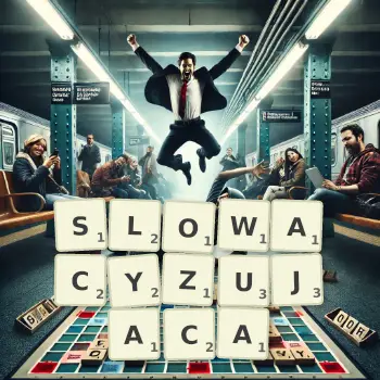 Kreatywna ilustracja do gry w Scrabble ze słowem SLOWACYZUJACA ułożonym z płytek na planszy.