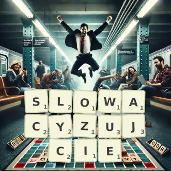 Kreatywna ilustracja do gry w Scrabble ze słowem SLOWACYZUJCIE ułożonym z płytek na planszy.