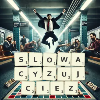 Kreatywna ilustracja do gry w Scrabble ze słowem SLOWACYZUJCIEZ ułożonym z płytek na planszy.