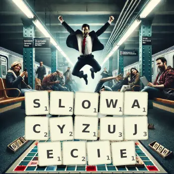 Kreatywna ilustracja do gry w Scrabble ze słowem SLOWACYZUJECIE ułożonym z płytek na planszy.