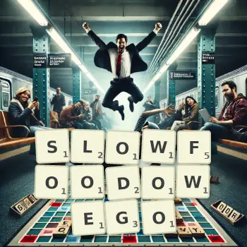 Kreatywna ilustracja do gry w Scrabble ze słowem SLOWFOODOWEGO ułożonym z płytek na planszy.