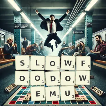 Kreatywna ilustracja do gry w Scrabble ze słowem SLOWFOODOWEMU ułożonym z płytek na planszy.