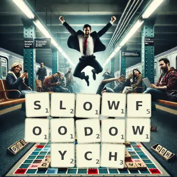 Kreatywna ilustracja do gry w Scrabble ze słowem SLOWFOODOWYCH ułożonym z płytek na planszy.