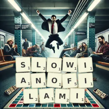 Kreatywna ilustracja do gry w Scrabble ze słowem SLOWIANOFILAMI ułożonym z płytek na planszy.