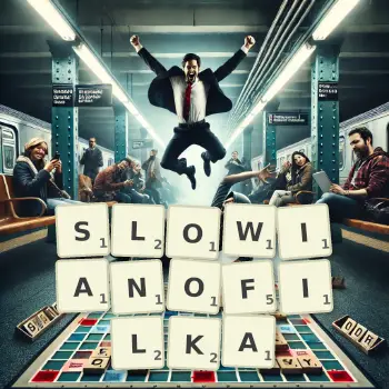 Kreatywna ilustracja do gry w Scrabble ze słowem SLOWIANOFILKA ułożonym z płytek na planszy.