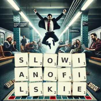 Kreatywna ilustracja do gry w Scrabble ze słowem SLOWIANOFILSKIE ułożonym z płytek na planszy.