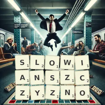 Kreatywna ilustracja do gry w Scrabble ze słowem SLOWIANSZCZYZNO ułożonym z płytek na planszy.