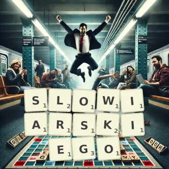 Kreatywna ilustracja do gry w Scrabble ze słowem SLOWIARSKIEGO ułożonym z płytek na planszy.