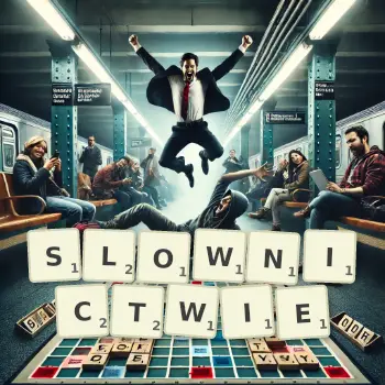 Kreatywna ilustracja do gry w Scrabble ze słowem SLOWNICTWIE ułożonym z płytek na planszy.