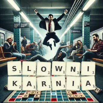 Kreatywna ilustracja do gry w Scrabble ze słowem SLOWNIKARNIA ułożonym z płytek na planszy.