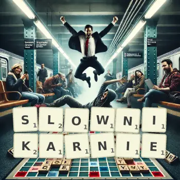 Kreatywna ilustracja do gry w Scrabble ze słowem SLOWNIKARNIE ułożonym z płytek na planszy.