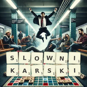 Kreatywna ilustracja do gry w Scrabble ze słowem SLOWNIKARSKI ułożonym z płytek na planszy.