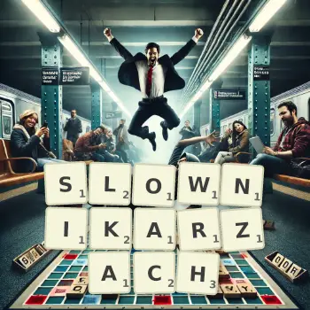 Kreatywna ilustracja do gry w Scrabble ze słowem SLOWNIKARZACH ułożonym z płytek na planszy.