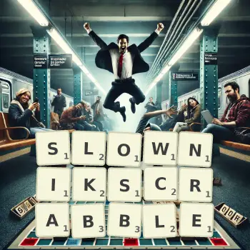 Kreatywna ilustracja do gry w Scrabble ze słowem SLOWNIKSCRABBLE ułożonym z płytek na planszy.