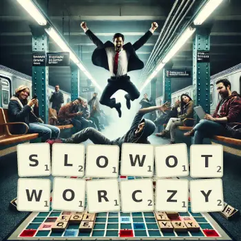 Kreatywna ilustracja do gry w Scrabble ze słowem SLOWOTWORCZY ułożonym z płytek na planszy.