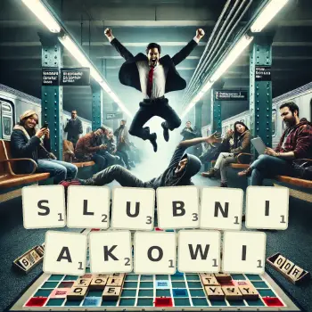 Kreatywna ilustracja do gry w Scrabble ze słowem SLUBNIAKOWI ułożonym z płytek na planszy.
