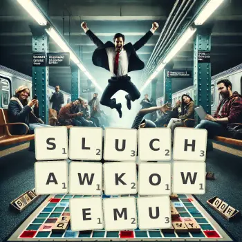 Kreatywna ilustracja do gry w Scrabble ze słowem SLUCHAWKOWEMU ułożonym z płytek na planszy.